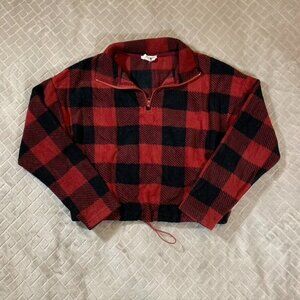 Cozie Pink Rose Womens Small Sweatshirt Red Plaid 1/4 Zip Cropped Long Sleeve